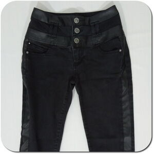 1ST KISS Denim Slim Pants size 3 Womens Black Faux Leather Trim High Waist